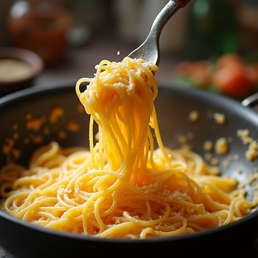Mezclando rápidamente los spaghetti calientes escurridos con la mezcla de yemas, queso Pecorino y agua de cocción fuera del fuego