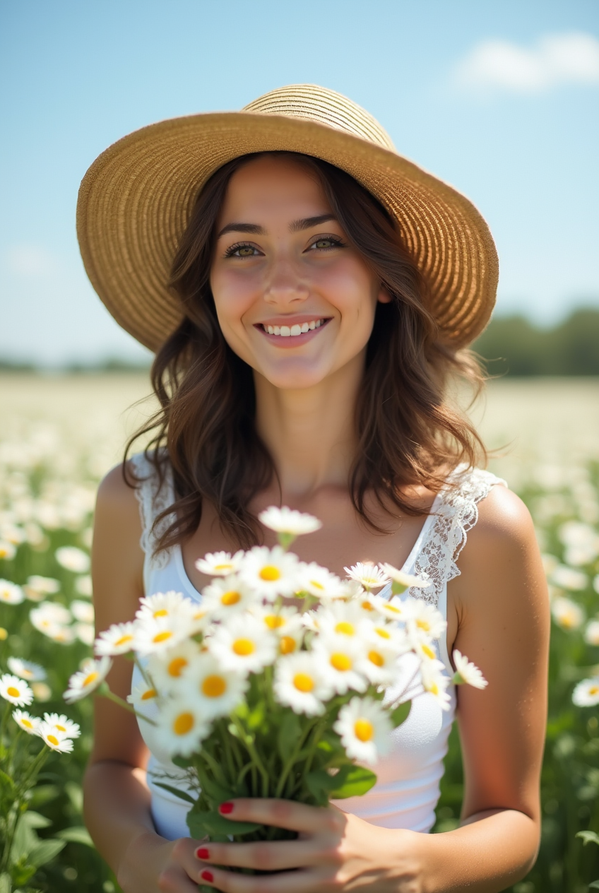 Smiling woman in a daisy field with a straw hat