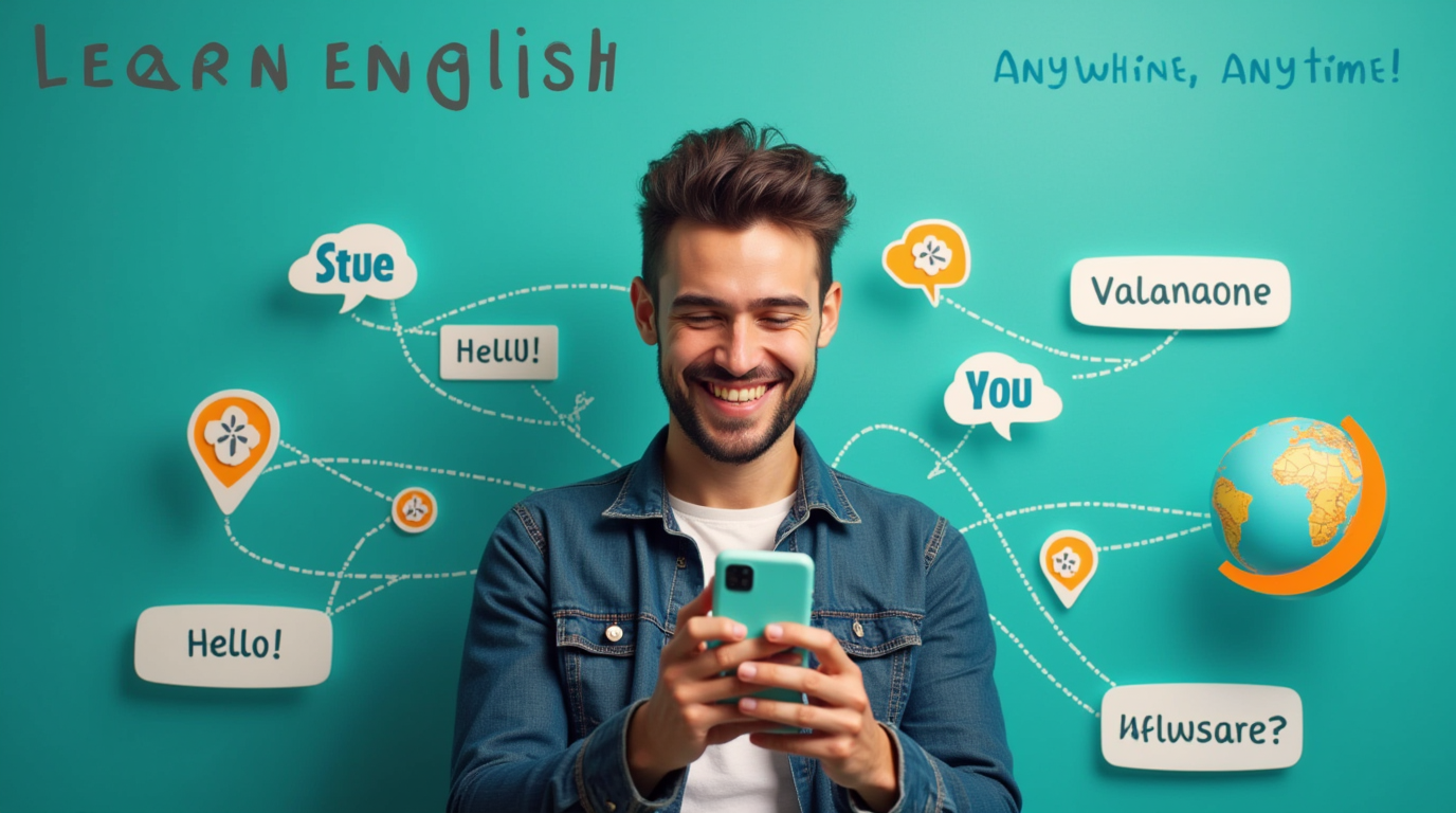 Imagem com Estudante e Celular Cenário: Um estudante sorridente segurando um celular com uma lição de inglês na tela. Elementos: Ícones de apps ao fundo, balões de fala com frases em inglês (como "Hello!", "How are you?") e um globo terrestre destacando a ideia de "aprendizado global". Texto: Título: "Learn English Anywhere, Anytime!" Subtítulo: "Discover the best free apps to boost your skills." Cores: Tons vibrantes de azul e verde, com detalhes em laranja para um toque energético. cinematic