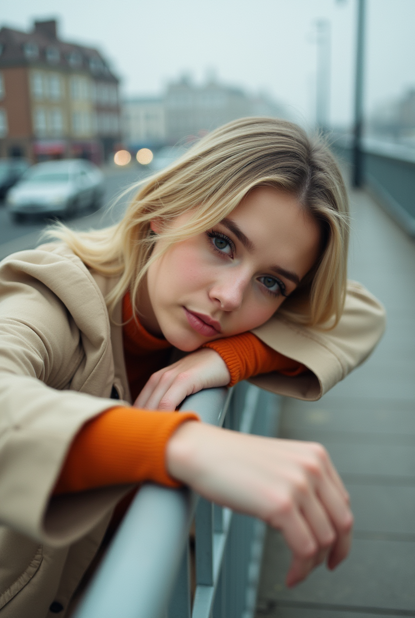 Young blonde woman resting on a railing