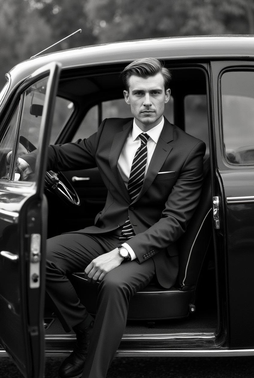 Homem elegante em carro vintage P&B