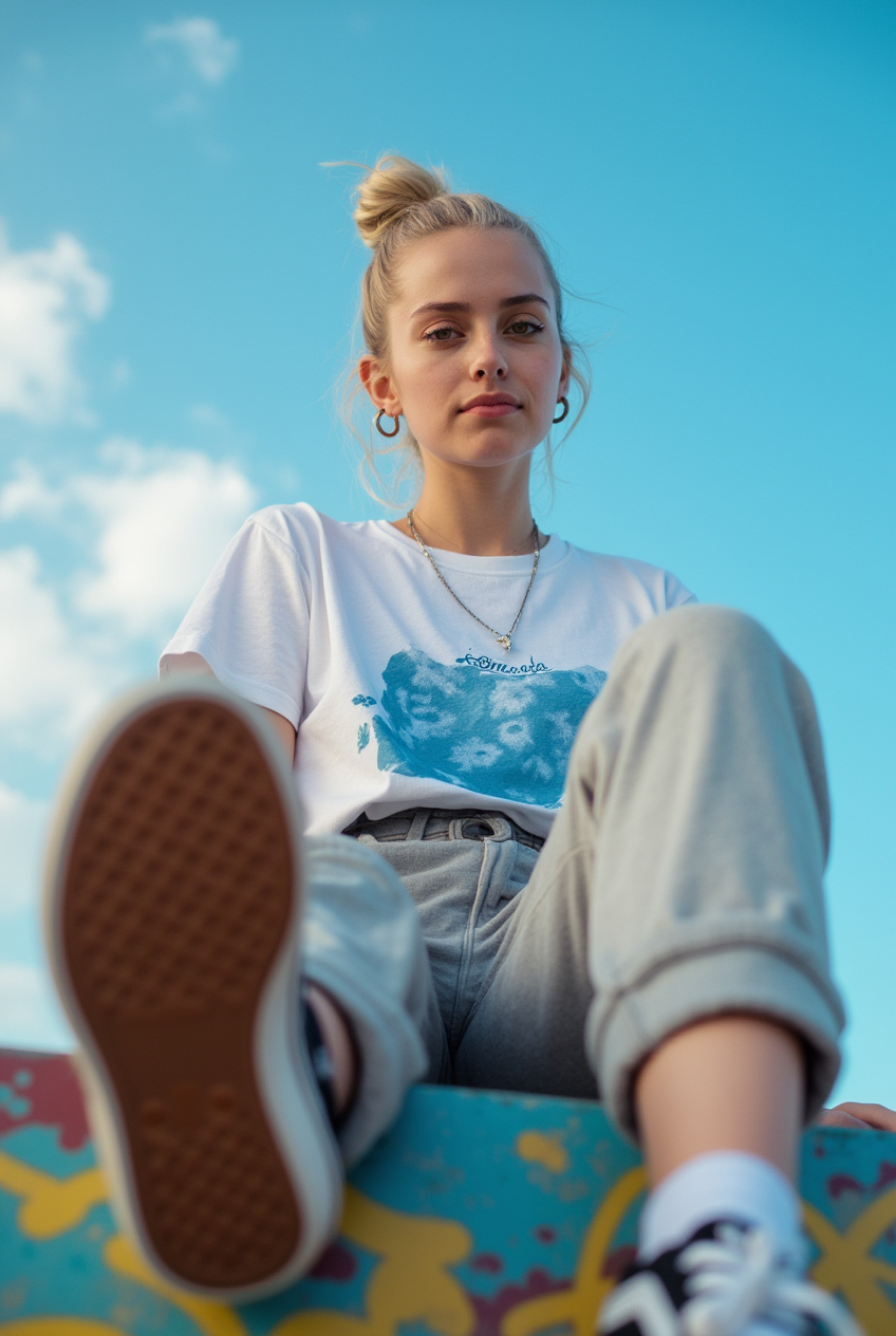 Young woman sitting on graffiti-covered surface