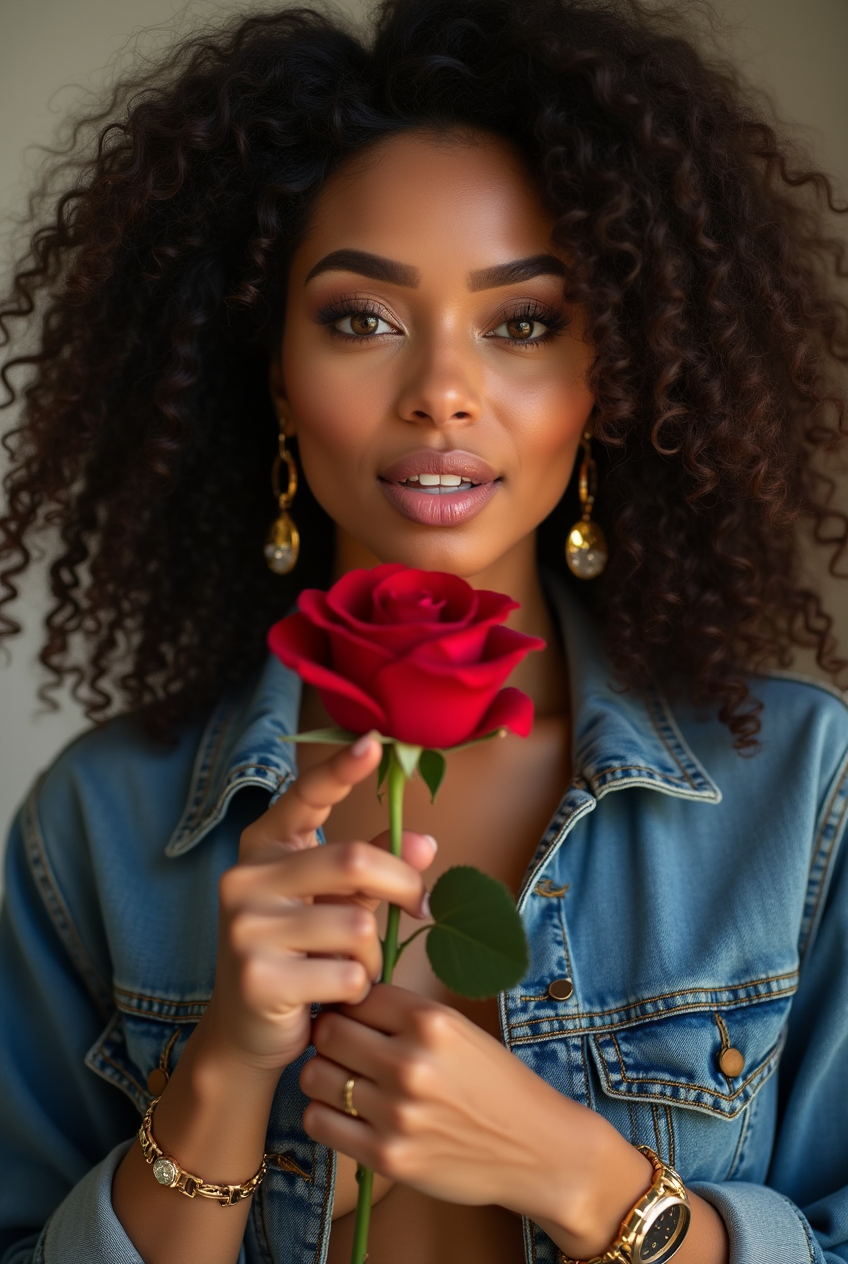Woman holding a red rose with denim jacket
