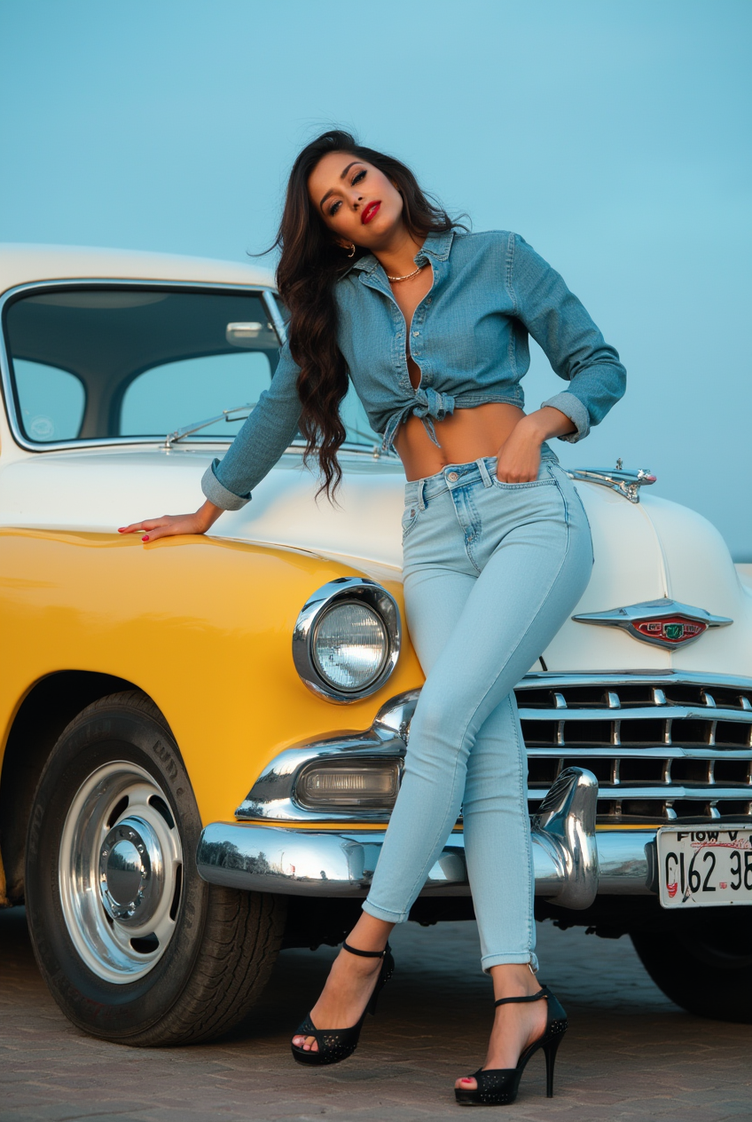 Woman posing in front of a classic car