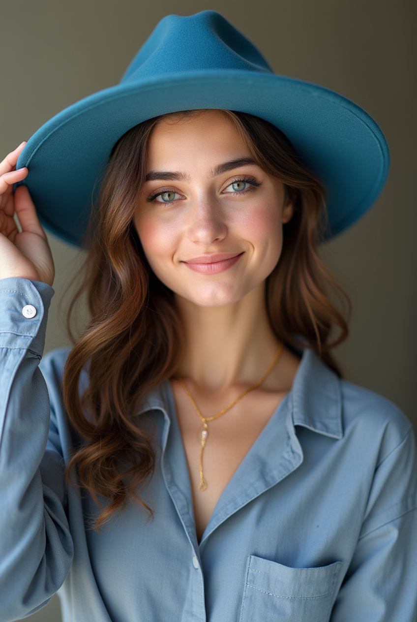 Young woman with a vibrant blue hat