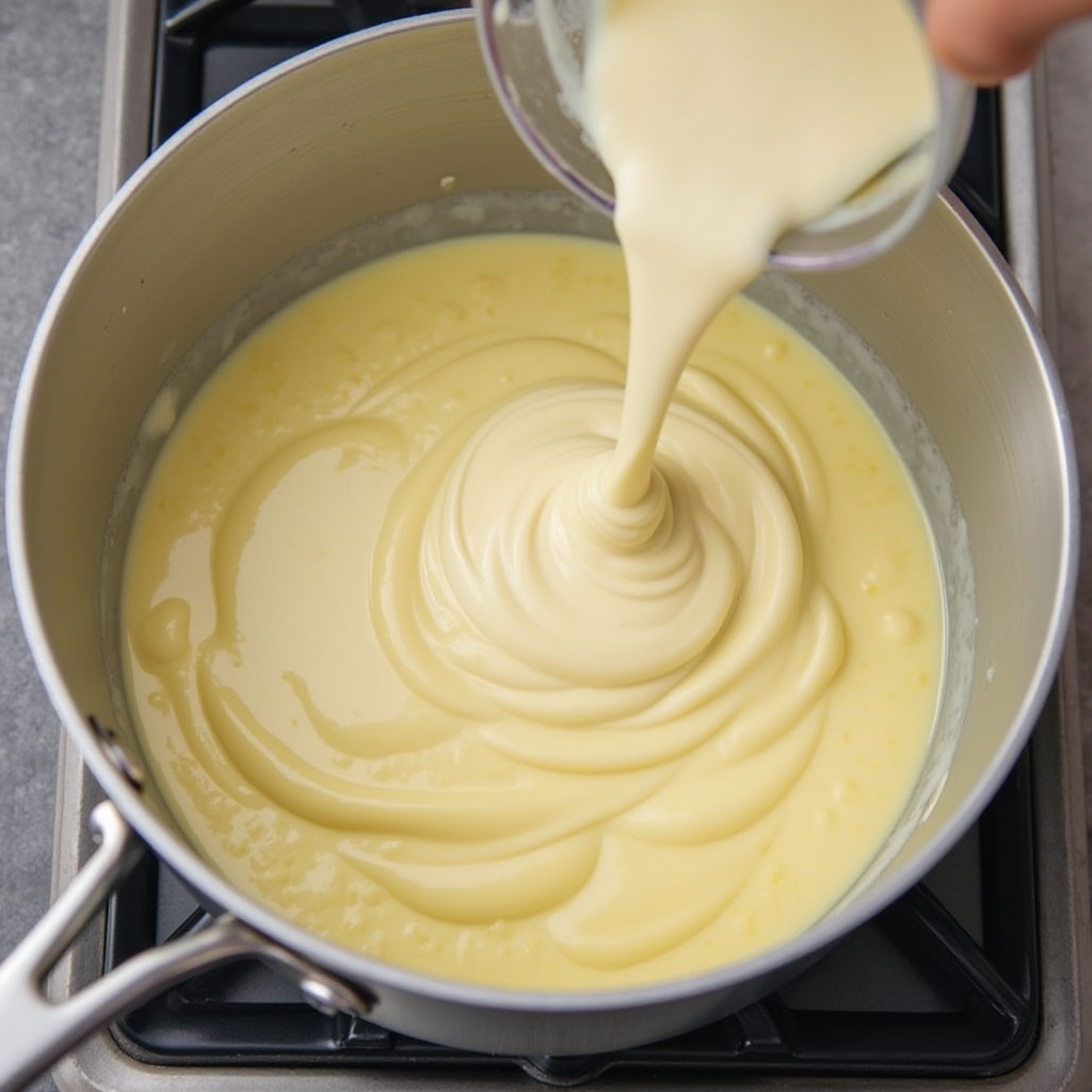 Removiendo constantemente el arroz con leche durante la cocción lenta para obtener cremosidad
