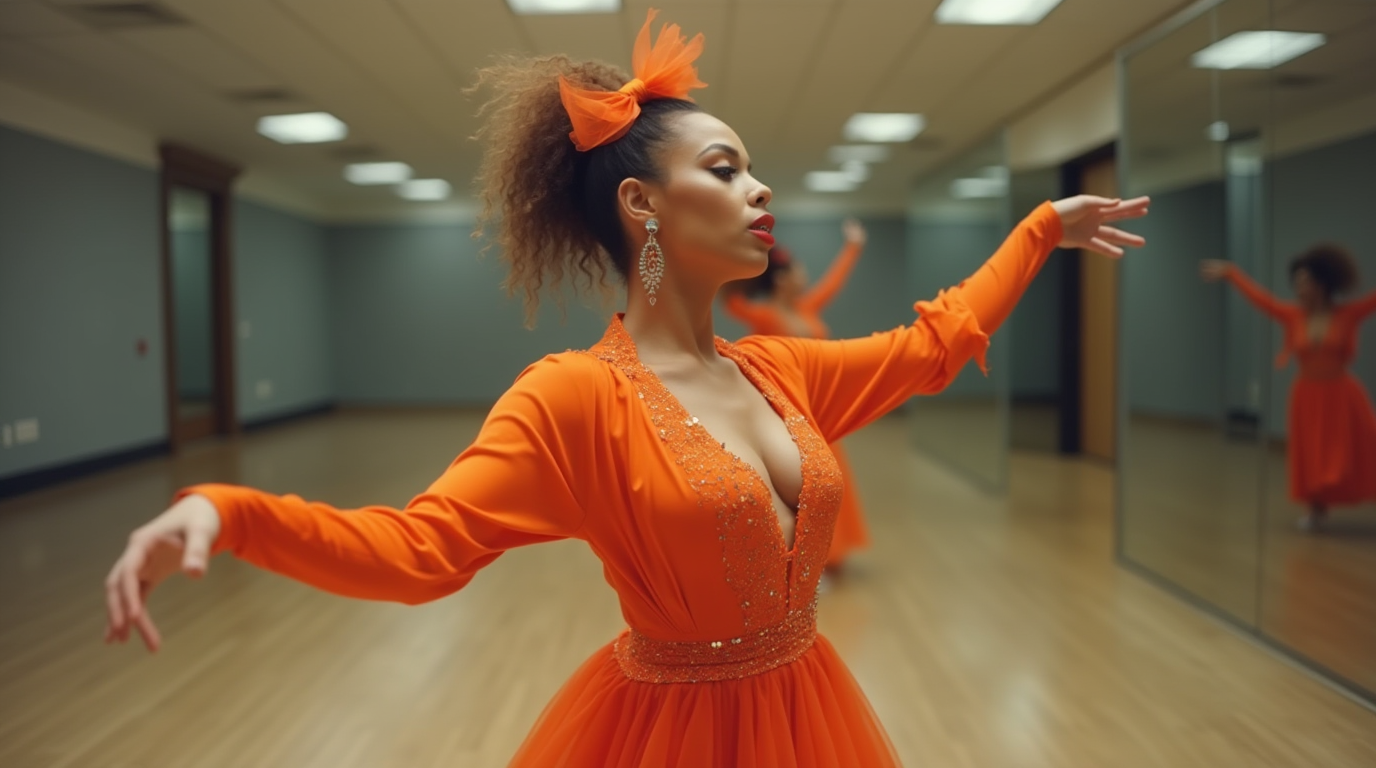 Dancer in brightly coloured costume: isolation of breast movements to Beyoncé track, background - mirrored studio.