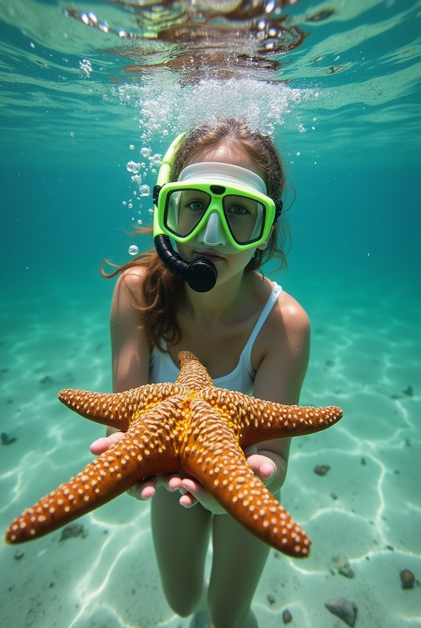 Underwater scene with person and starfish