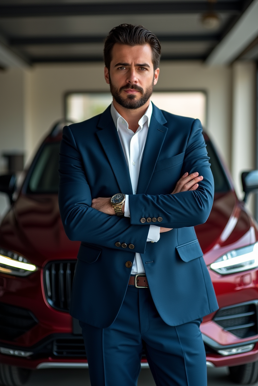 Homem de terno azul com SUV vinho