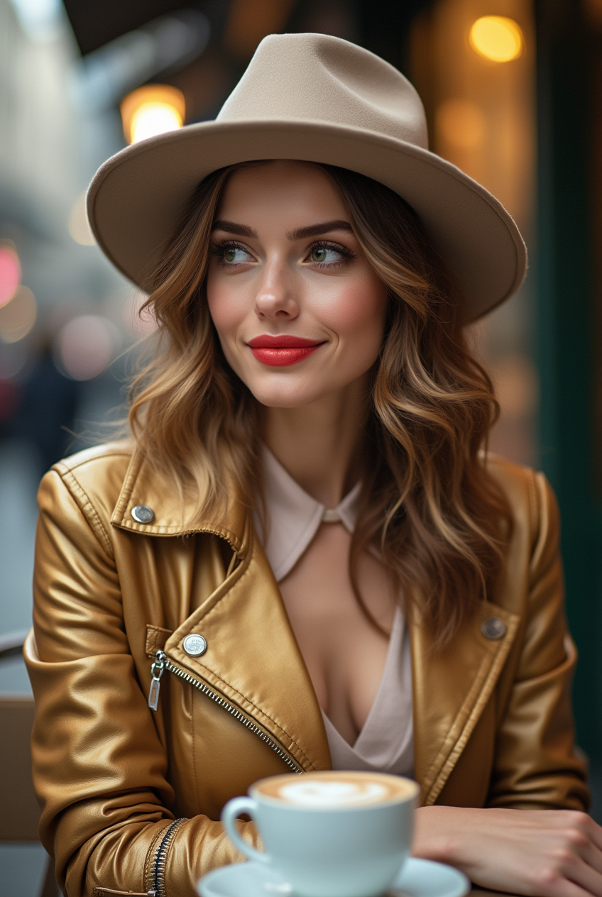 Woman in a golden leather jacket