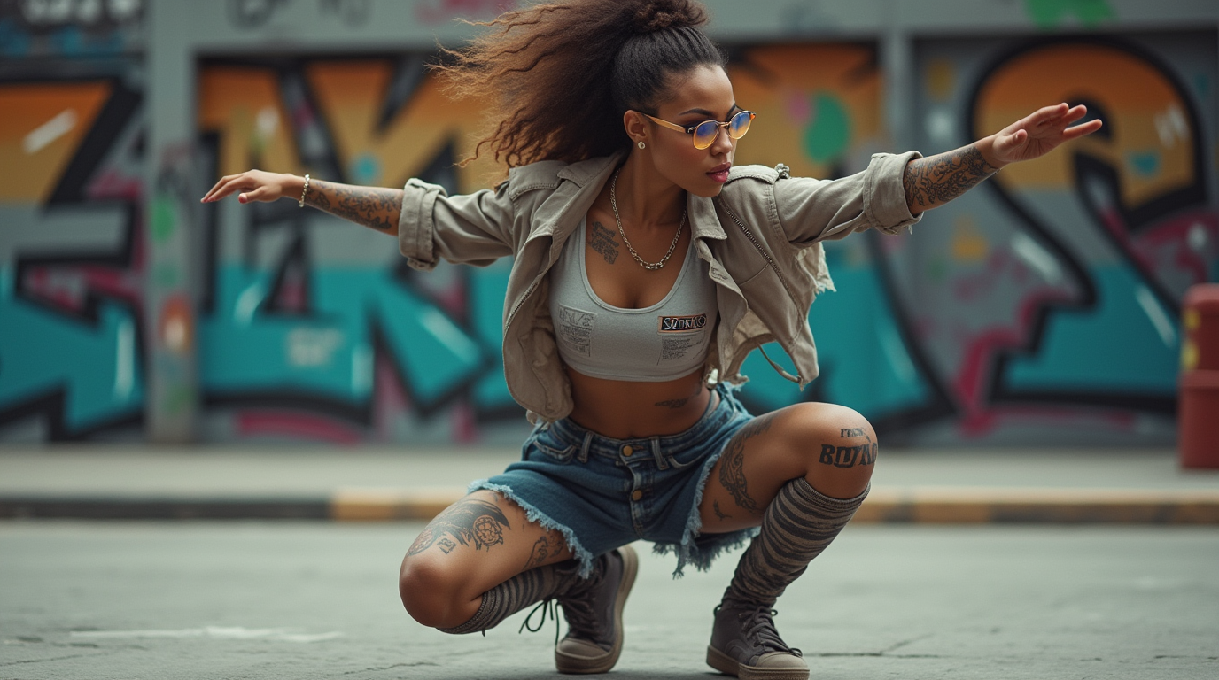 Popping Image Description: A dancer in Popping style: sharp movements, "robot" effect, background - street ground with graffiti.