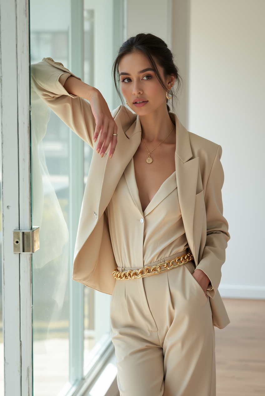 Elegant woman leaning against a glass structure
