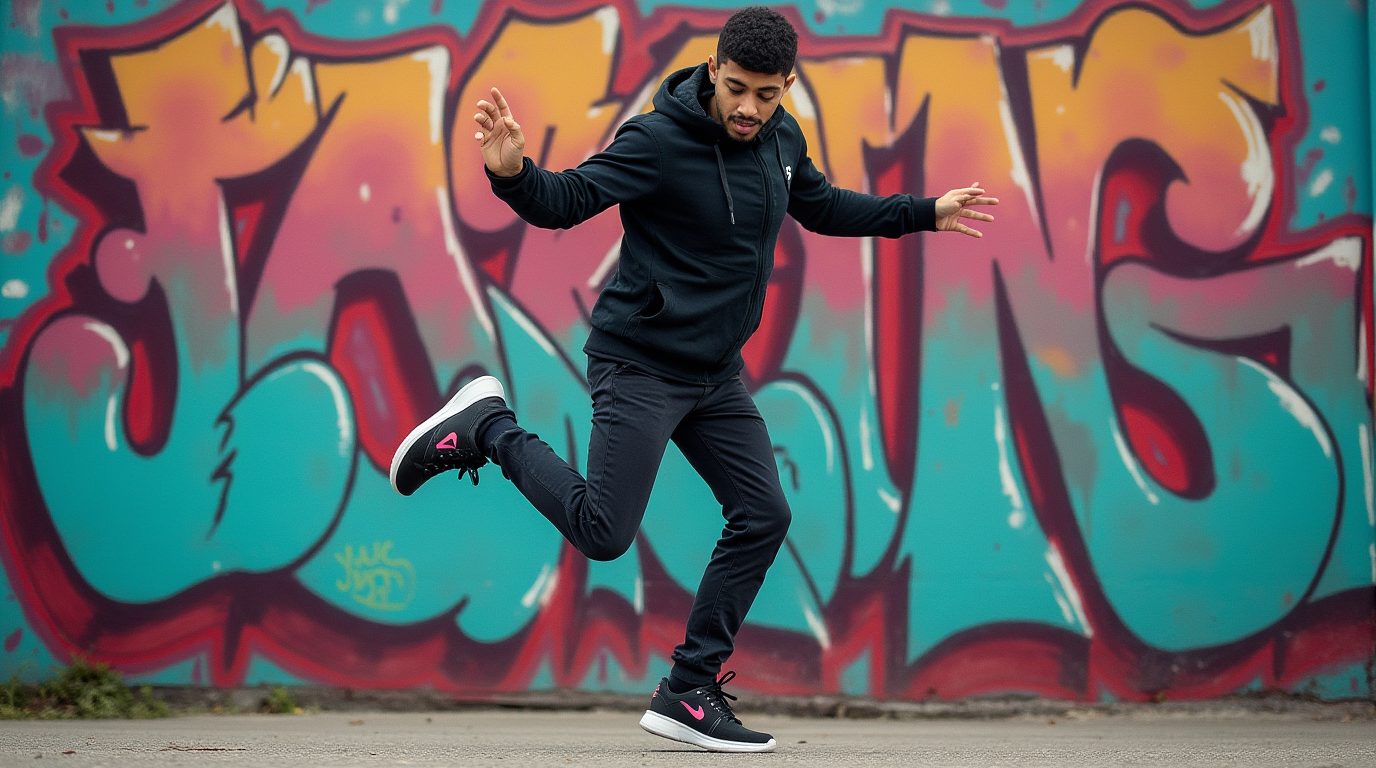 House Fast steps and jumps: a dancer in trainers performs "Jacking" against a graffiti wall.
