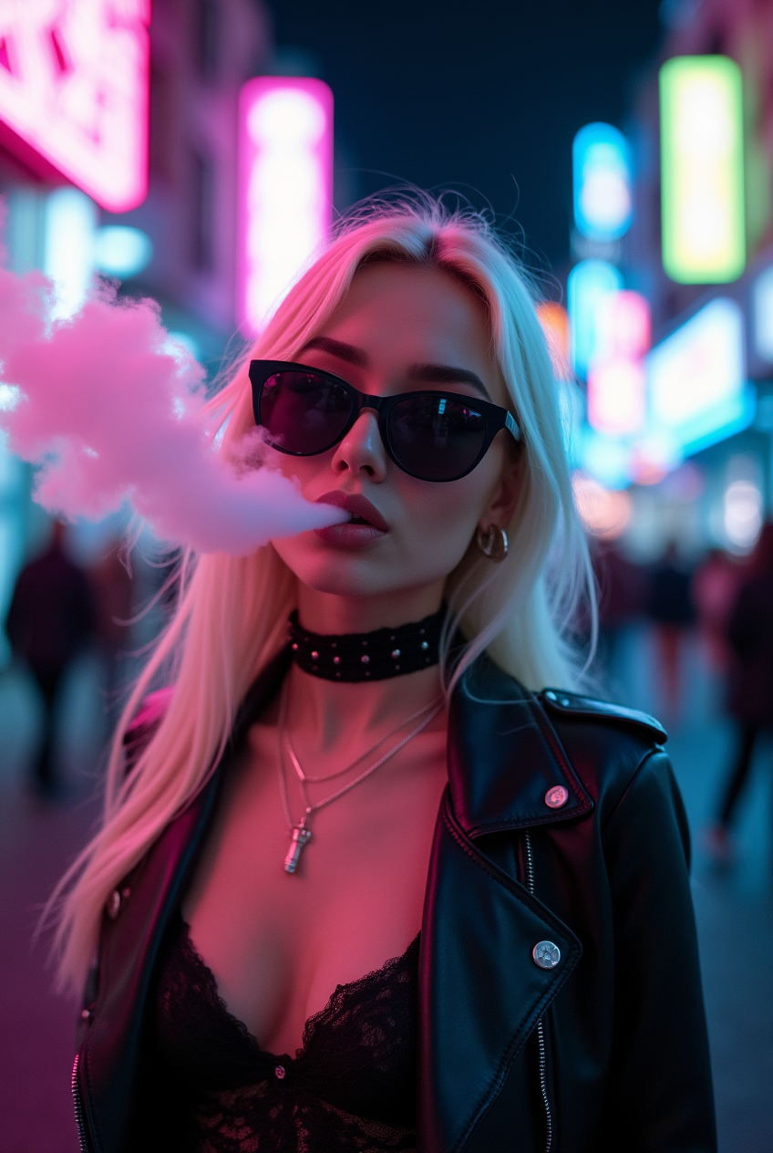 Woman in nighttime urban setting with neon lights
