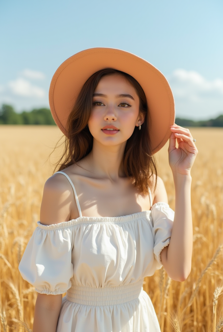 Woman in white dress in a wheat field under blue sky