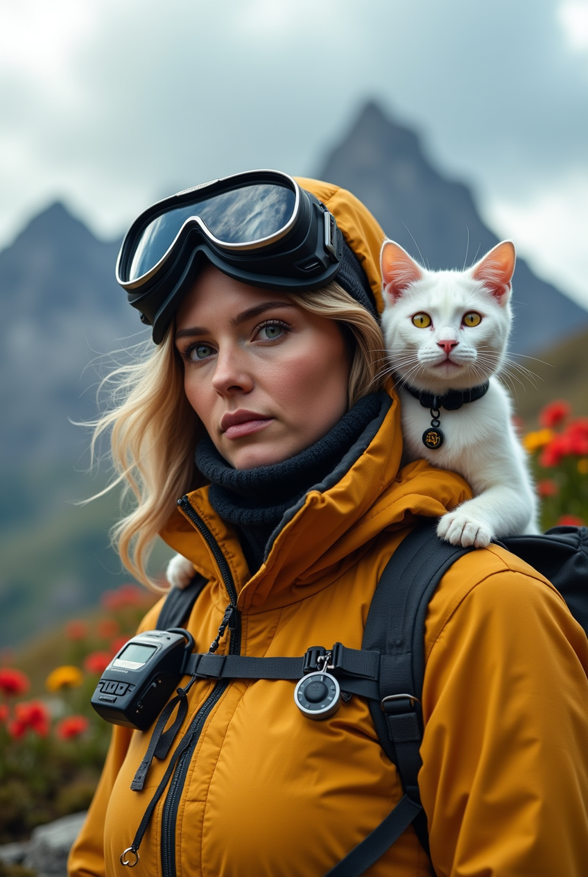 Woman with cat in a mountain setting