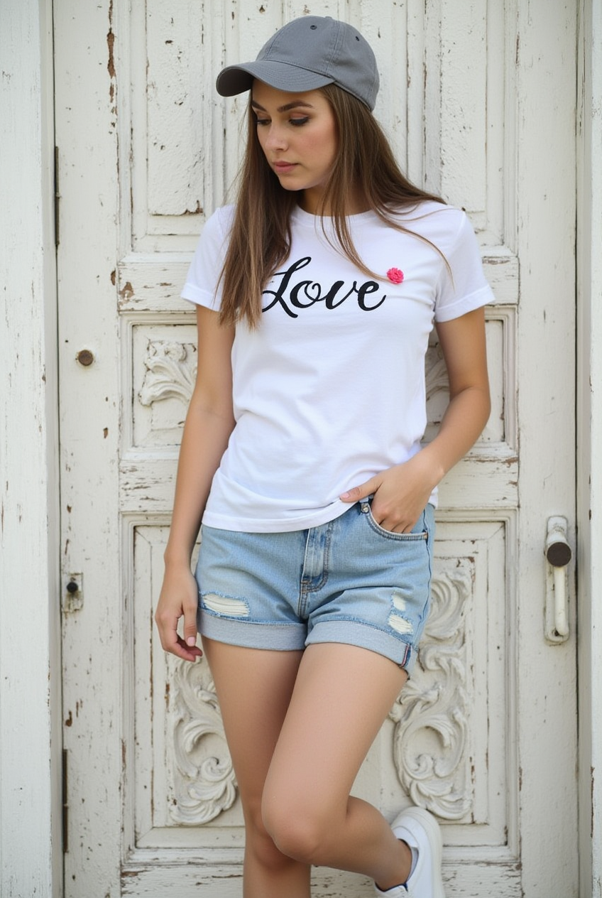 Young woman leaning against a weathered door