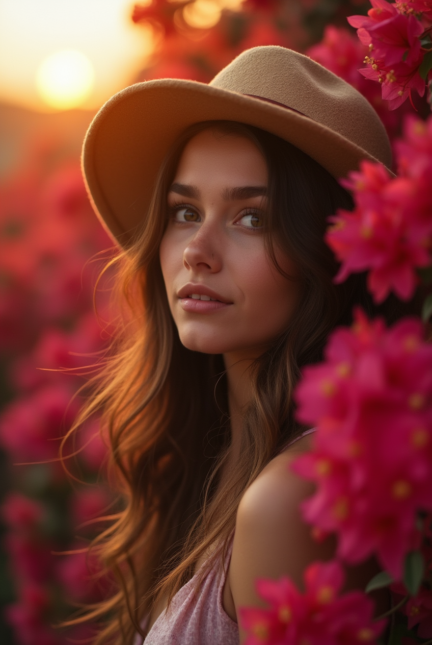 Woman in a crimson garden at dusk