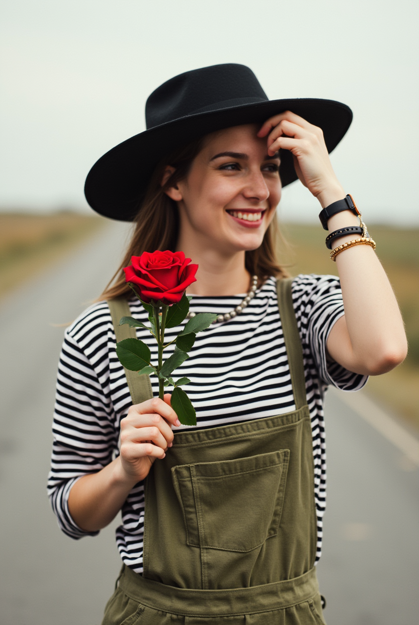 Woman with a black felt hat and red rose
