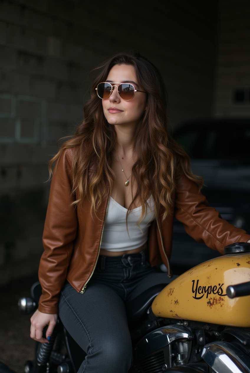 Woman sitting on a vintage motorcycle
