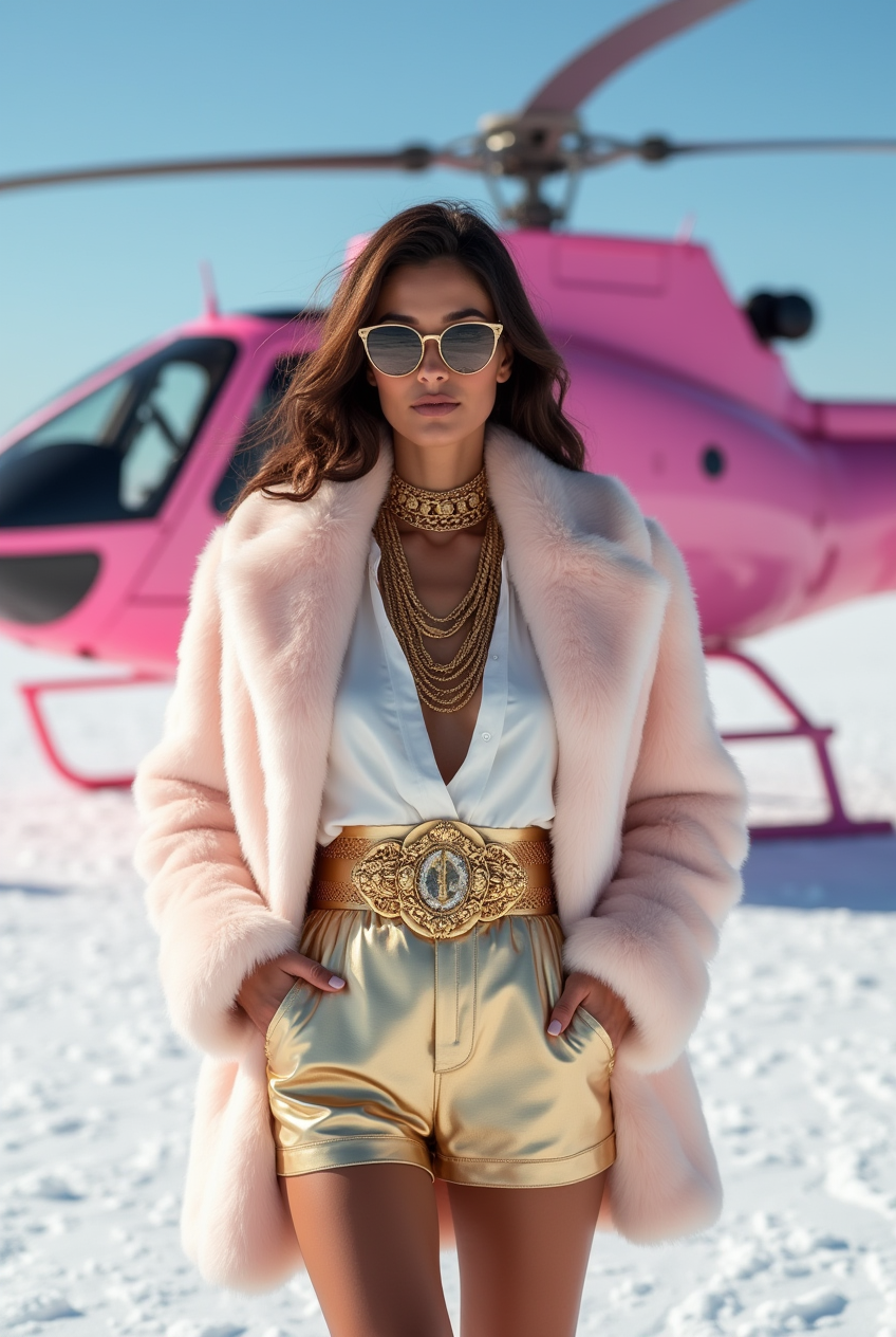 Woman in pink fur coat with pink helicopter