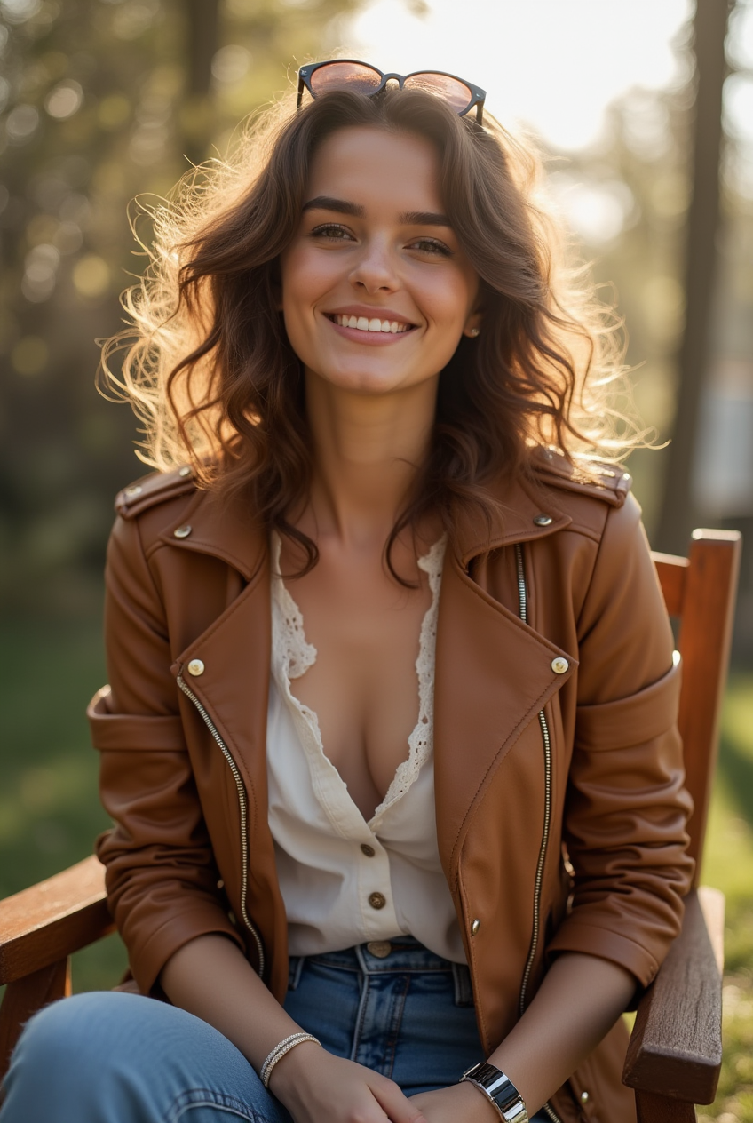 Woman in a caramel-colored leather jacket