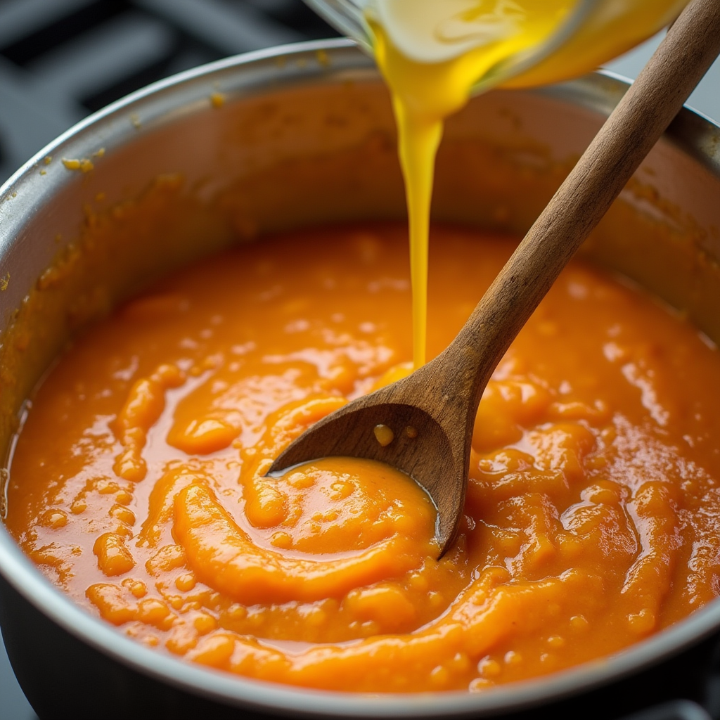 Emulsionando el salmorejo cordobés añadiendo aceite de oliva virgen extra en hilo fino a la batidora en marcha