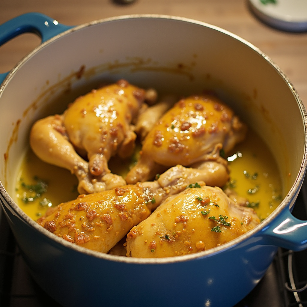 Dorando suavemente láminas de ajo en aceite de oliva en una cazuela para el pollo al ajillo