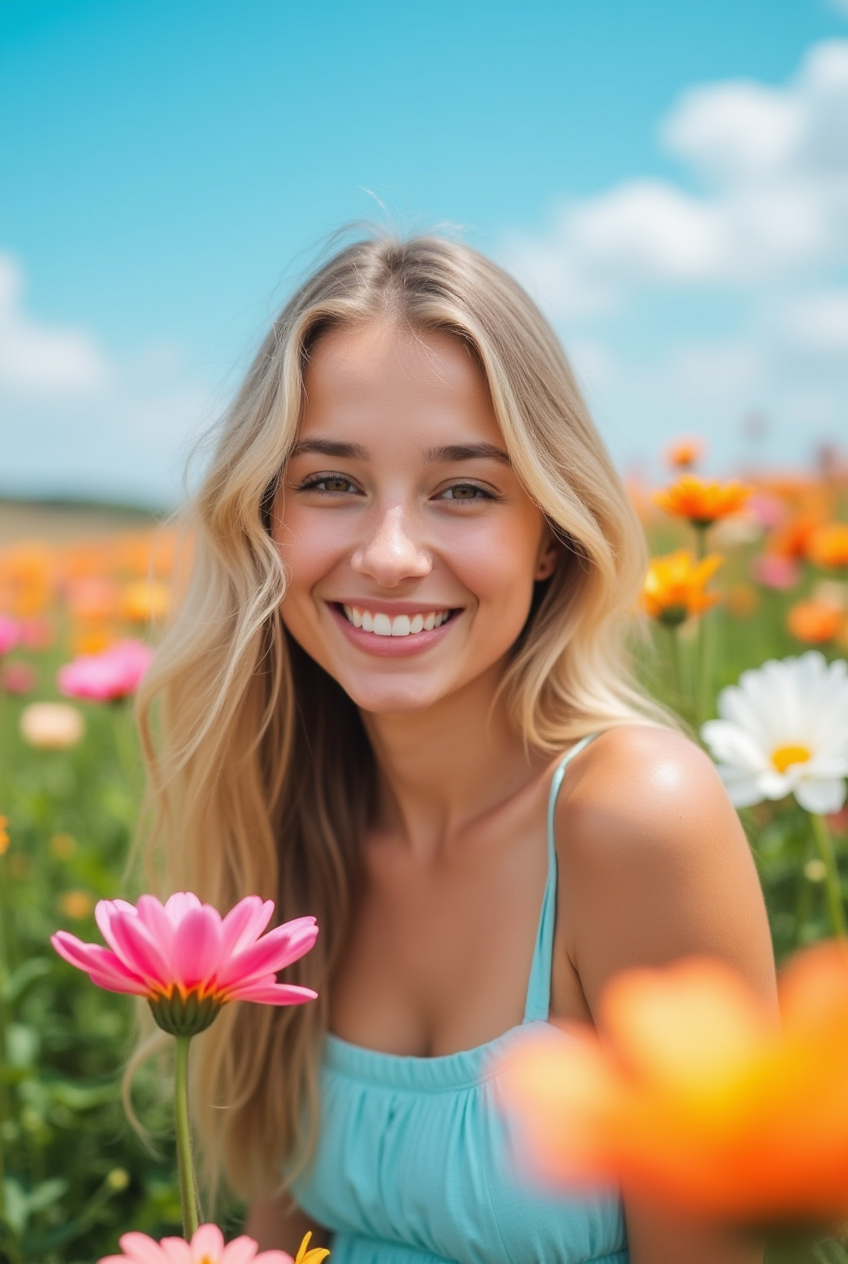 Woman in flower field with light blue dress