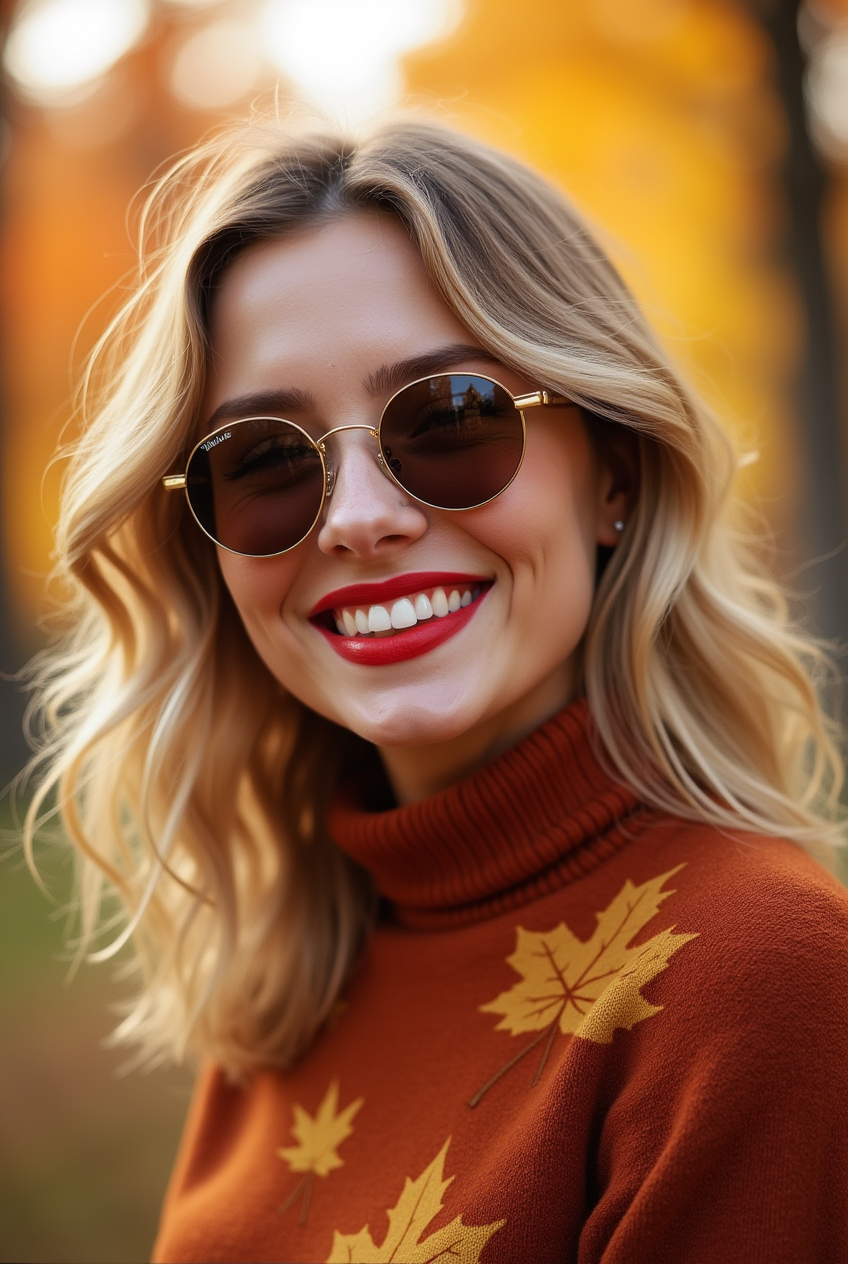 Woman in autumnal setting with maple leaf sweater