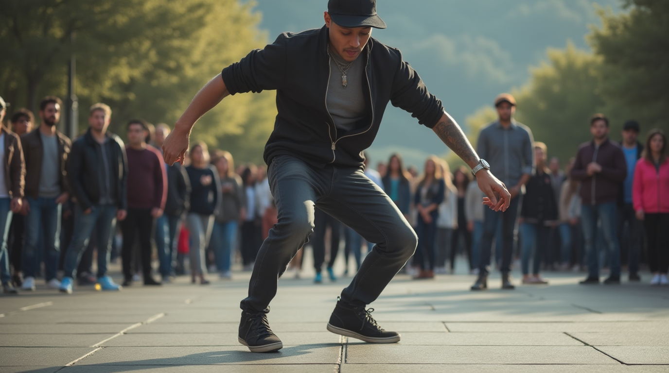 Breakdance Beboy in a cap: frees and spins on the floor, background - street battle ground.