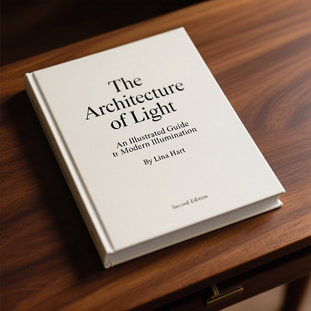 “Elegant hardcover book title page photographed on a walnut desk. Crisp serif typography reads ‘The Architecture of Light’ centered in large caps; a subtitle below reads ‘An Illustrated Guide to Modern Illumination’. Author line ‘By Lina Hart’ appears in small caps; ‘Second Edition’ in a light italic. Perfectly aligned baselines, balanced tracking, fine paper texture visible. Natural top-down light, neutral palette, studio-quality macro, 8K resolution.”