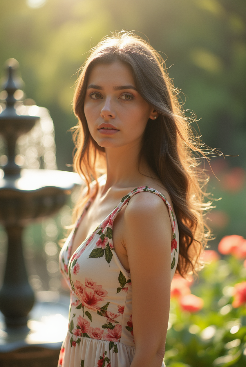 Chic woman in a sunlit garden