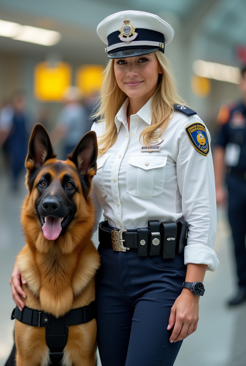 Woman with German Shepherd in airport