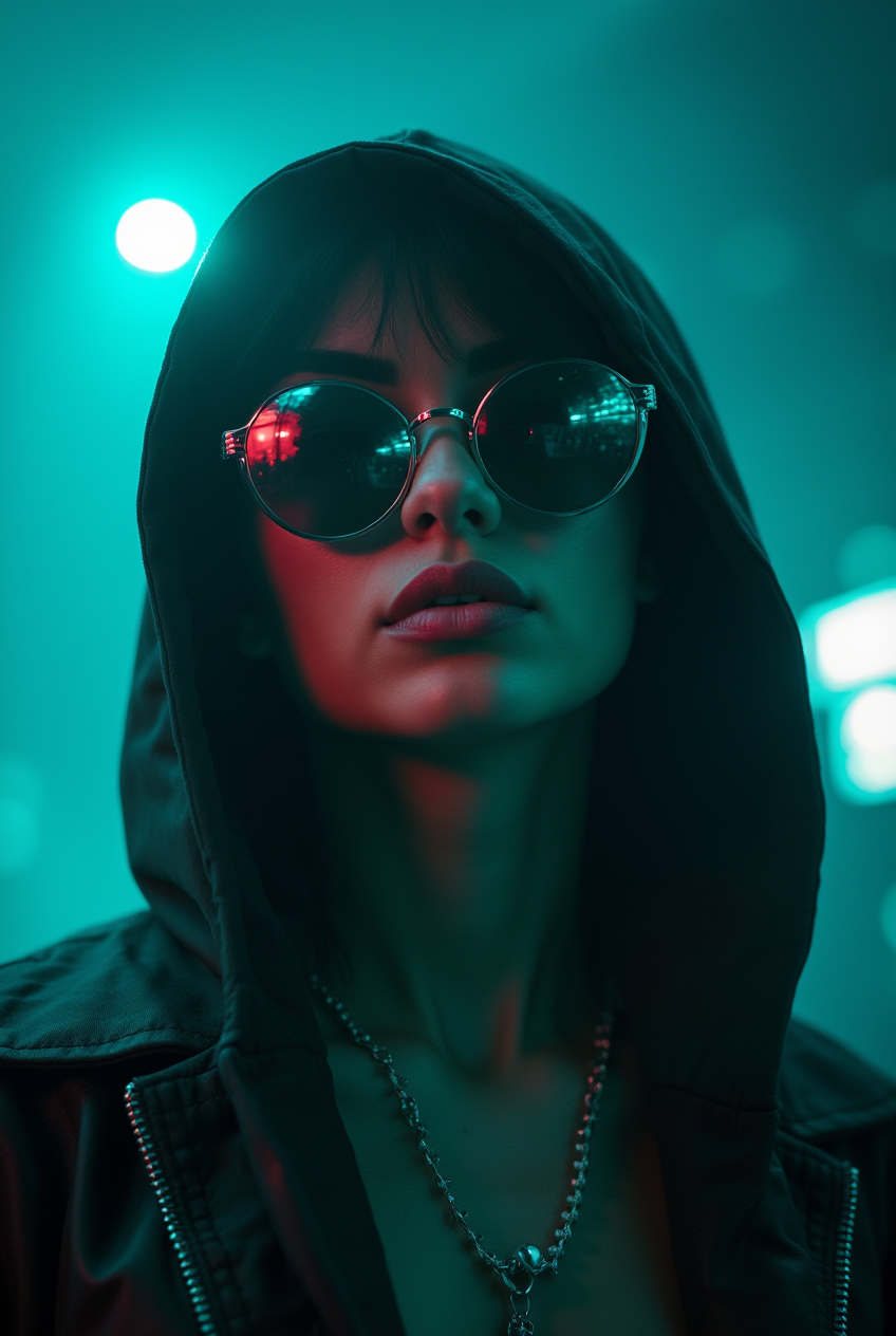 Woman in urban night with mirrored sunglasses and silver chains