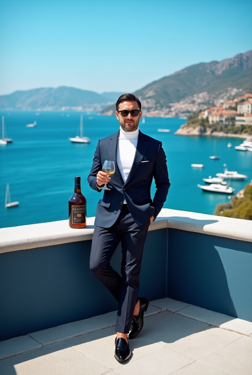 Homem em terraço com vista para o mar