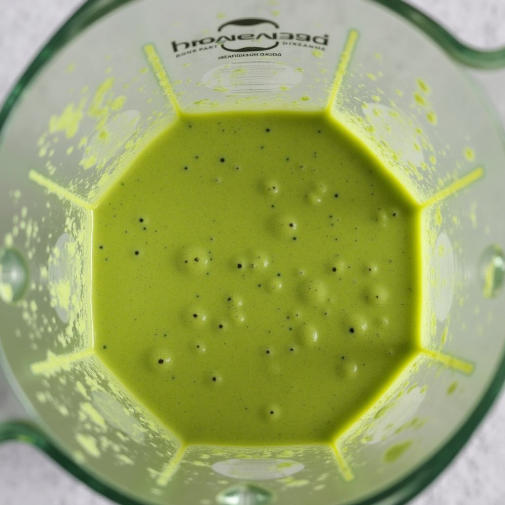 Ingredientes para smoothie verde (espinacas, plátano, piña, jengibre) colocados en el vaso de una batidora listos para triturar