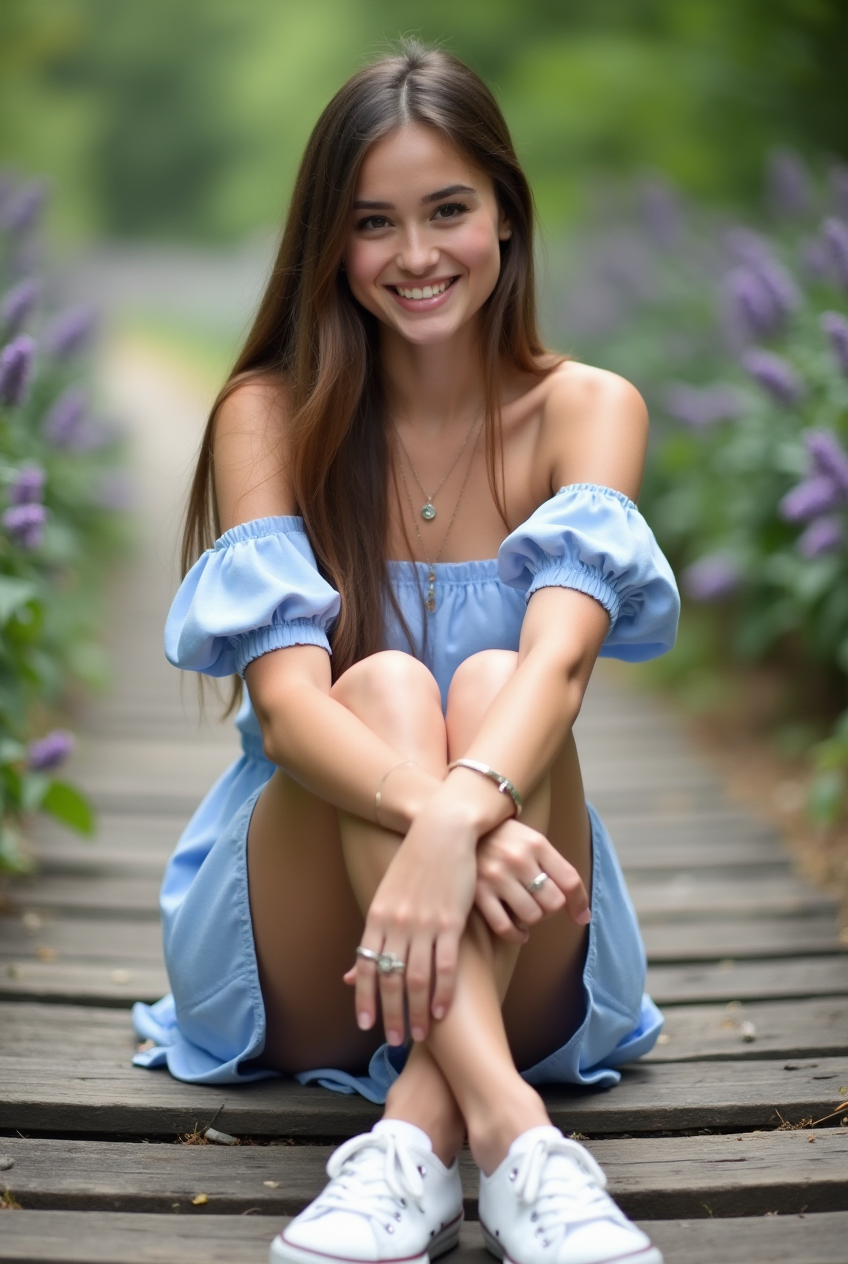Woman sitting on a wooden path in a light blue dress