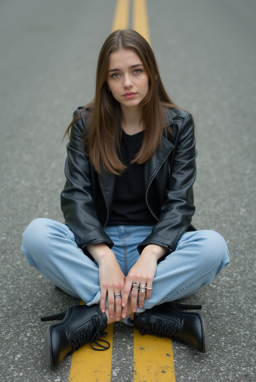 Young woman sitting on asphalt road