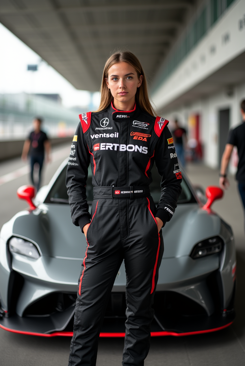 Female race car driver with sports car