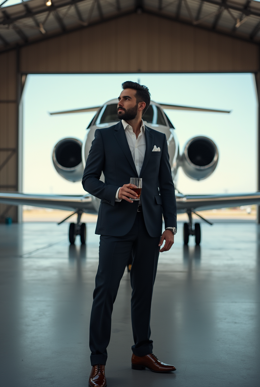 Homem em hangar com jato particular