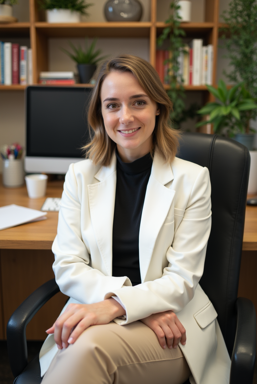 Woman in office setting with bookshelf