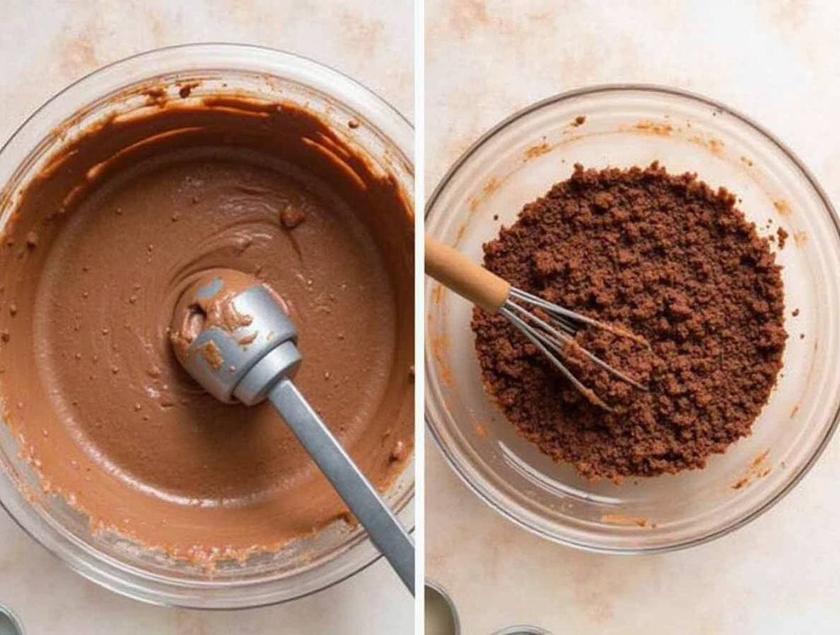 Mezclando suavemente los ingredientes secos en la masa de brownie fudgy justo hasta integrar