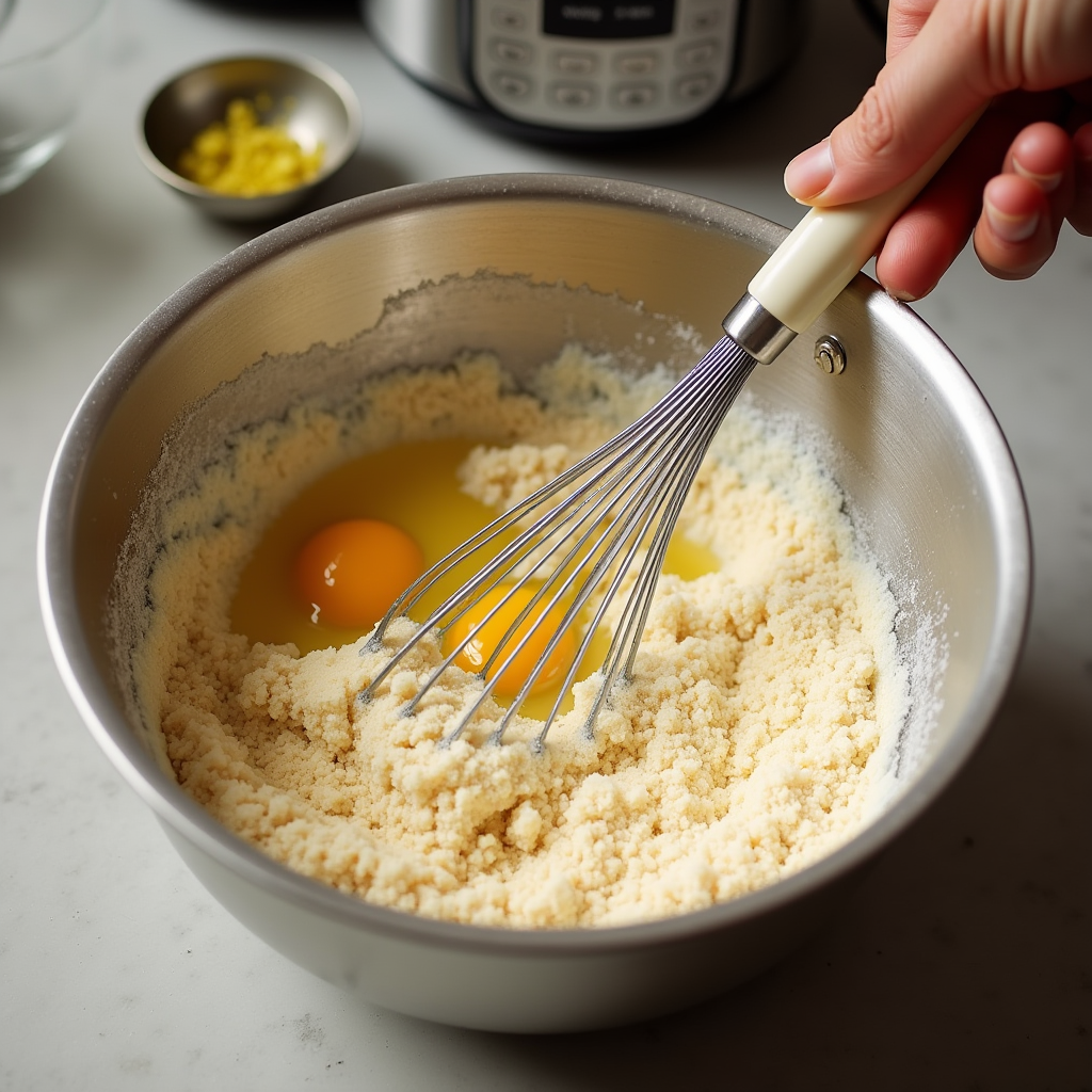 Mezclando suavemente los ingredientes secos (harina, levadura) en la masa húmeda del bizcocho de yogur