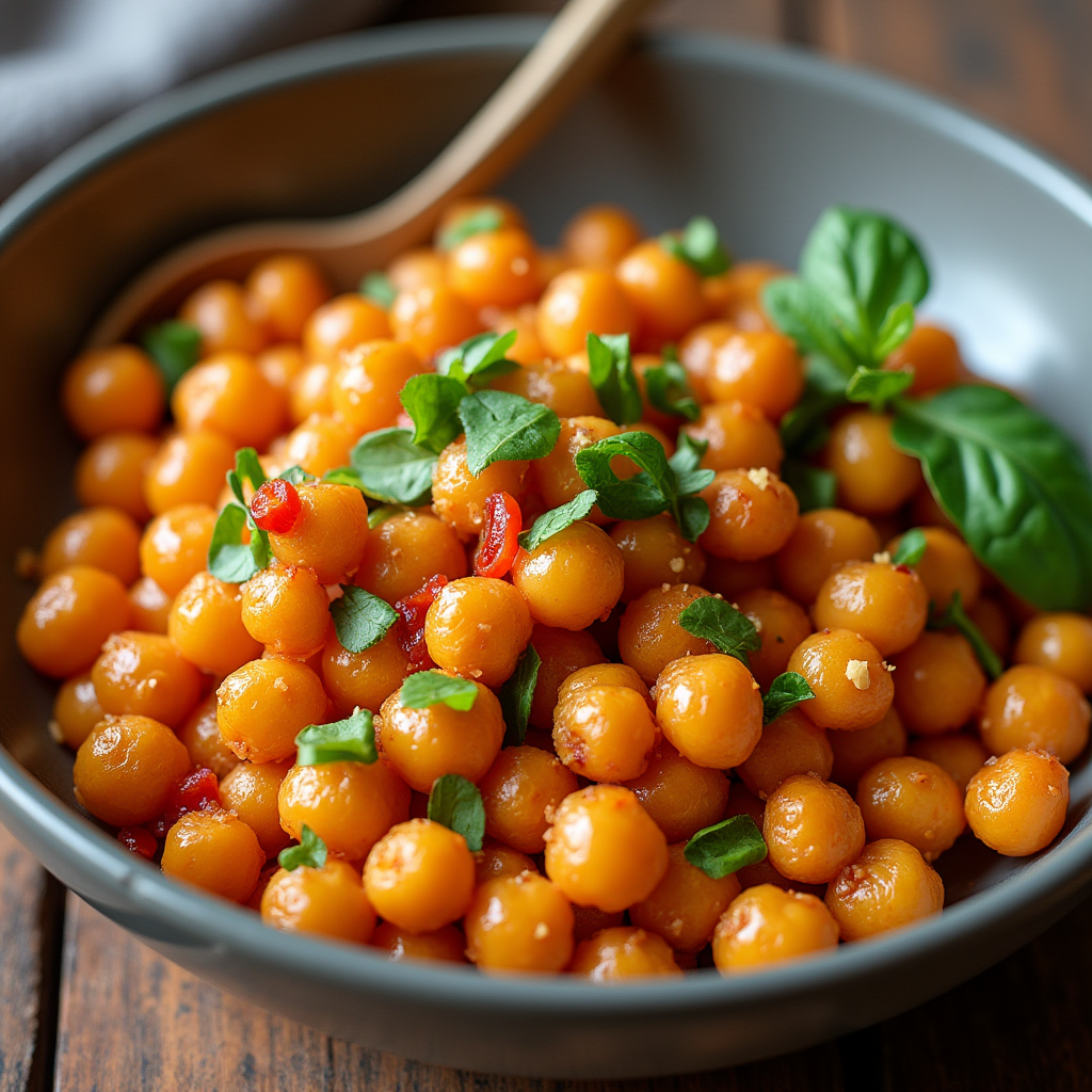 Garbanzos cocidos mezclados con especias (pimentón, comino) antes de ser asados o salteados para un Buddha Bowl