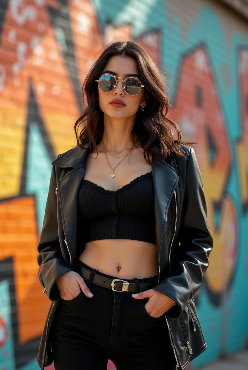Stylish young woman in front of graffiti wall