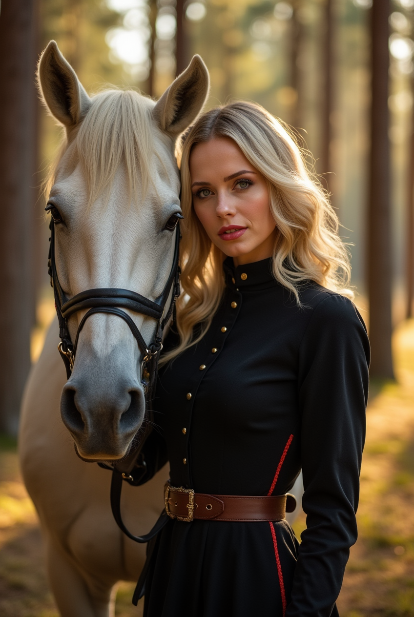 Woman and horse in a sunny forest
