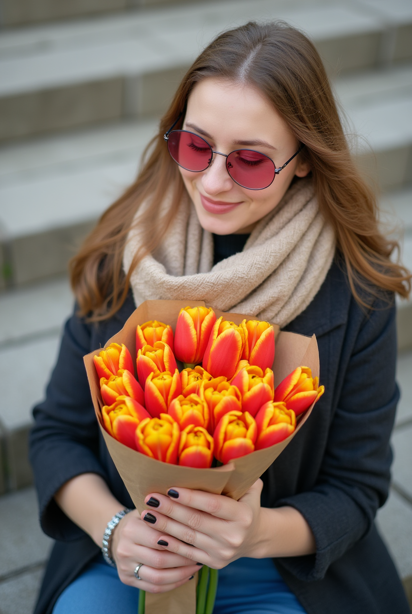 Young woman holding a bouquet of tulips