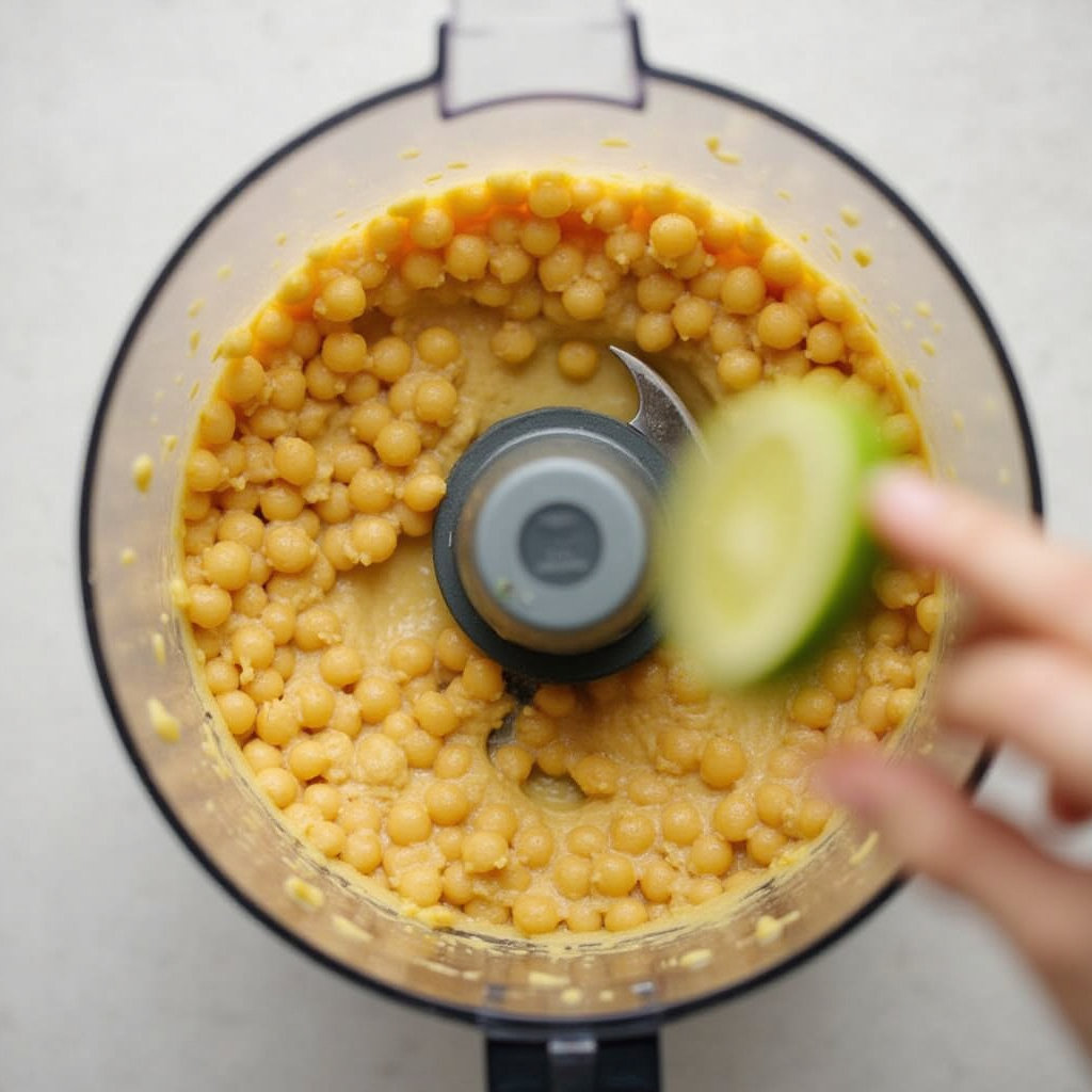 Triturando garbanzos cocidos, tahini y limón en procesador, añadiendo agua fría para lograr un hummus cremoso