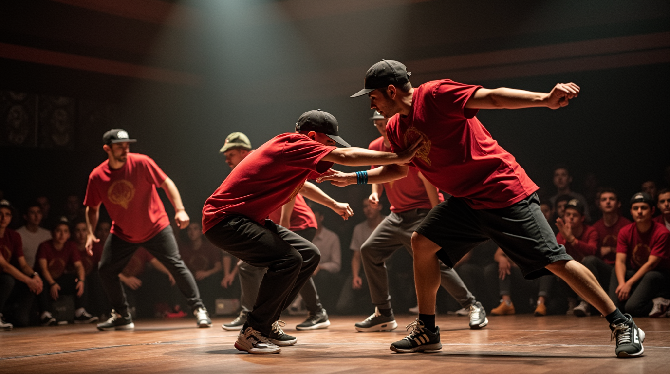 Krump Aggressive battle: dancers in caps and baggy clothes, sharp movements and emotions at the maximum.